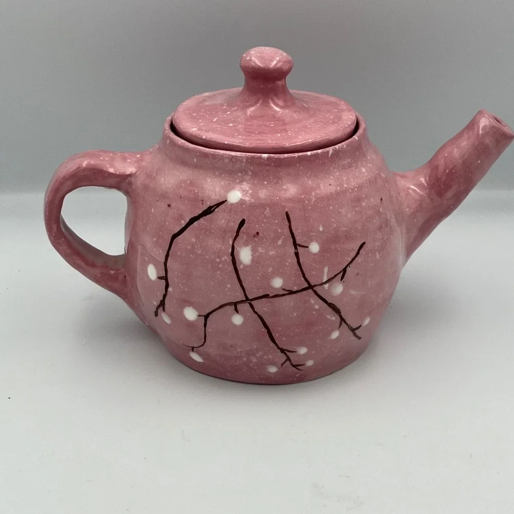 Handmade Pink Cherry Blossom Ceramic‎ Teapot Floral Design